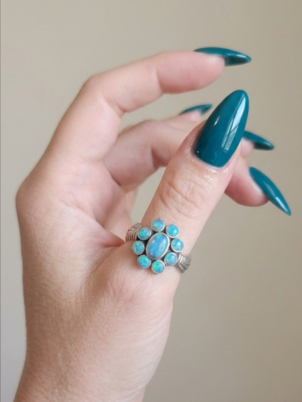 Opal & Leaf Band 925 Sterling Silver Gemstone Ring